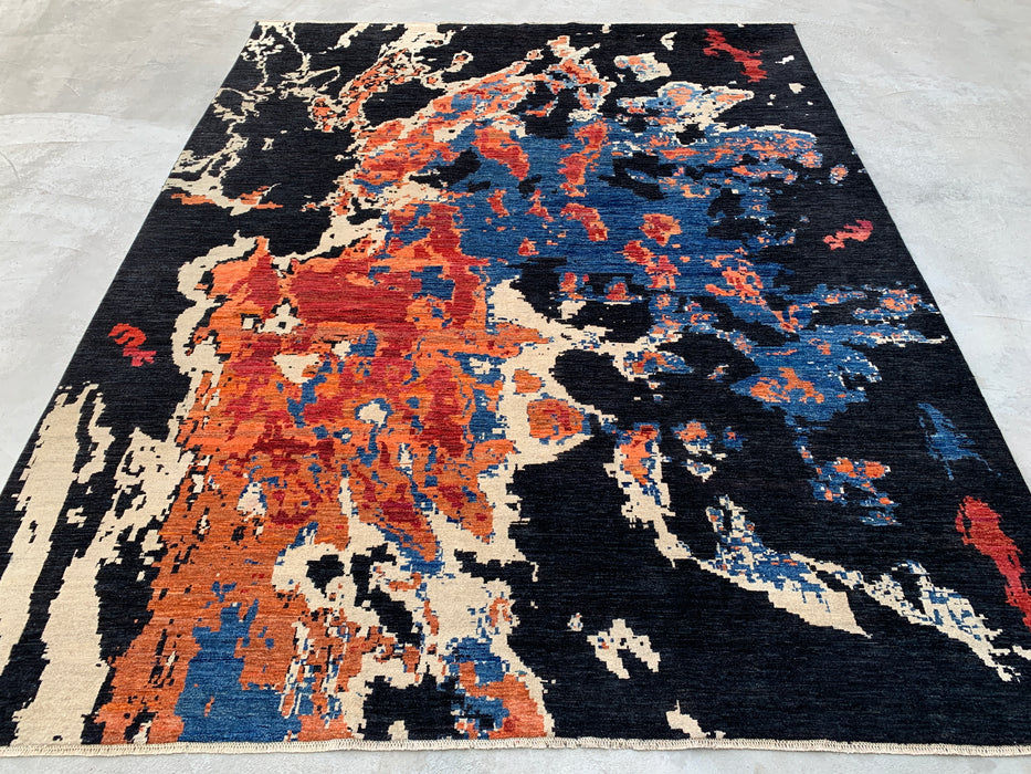12'9 x 10'1 Hand-Knotted Peshawari Chobi Wool Rug - Modern Abstract Black Blue Rust Area Rug - KBHM-517
