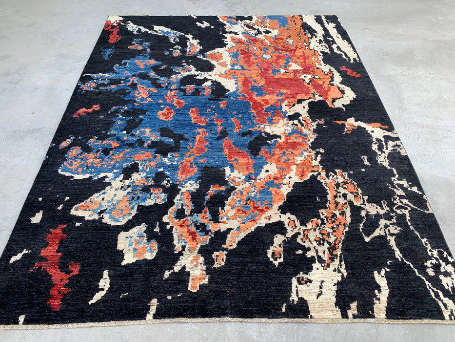 12'9 x 10'1 Hand-Knotted Peshawari Chobi Wool Rug - Modern Abstract Black Blue Rust Area Rug - KBHM-517