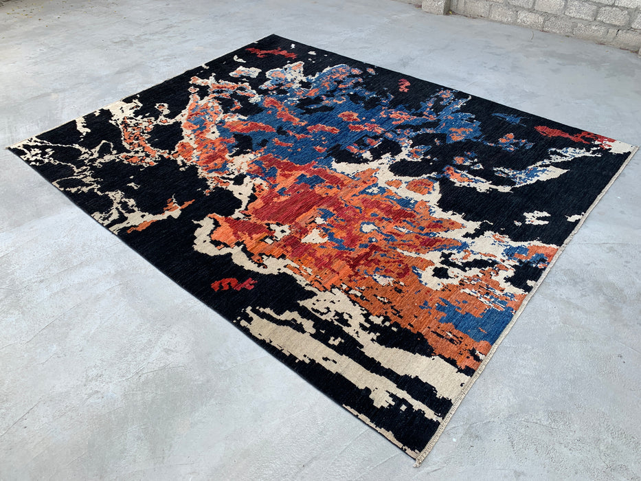 12'9 x 10'1 Hand-Knotted Peshawari Chobi Wool Rug - Modern Abstract Black Blue Rust Area Rug - KBHM-517