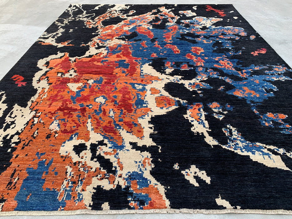 12'9 x 10'1 Hand-Knotted Peshawari Chobi Wool Rug - Modern Abstract Black Blue Rust Area Rug - KBHM-517