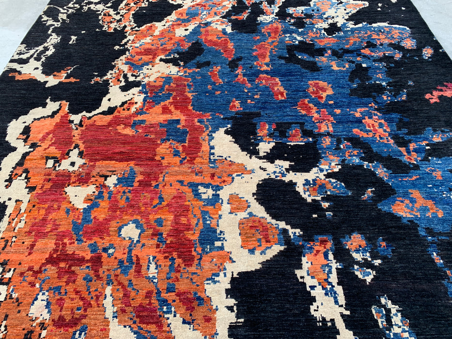12'9 x 10'1 Hand-Knotted Peshawari Chobi Wool Rug - Modern Abstract Black Blue Rust Area Rug - KBHM-517