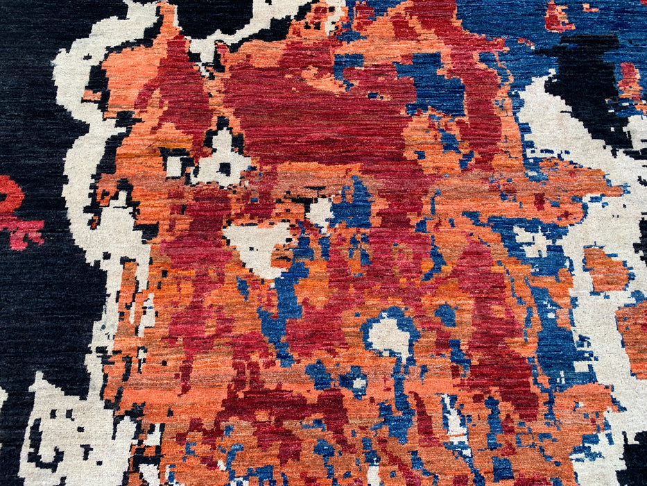 12'9 x 10'1 Hand-Knotted Peshawari Chobi Wool Rug - Modern Abstract Black Blue Rust Area Rug - KBHM-517