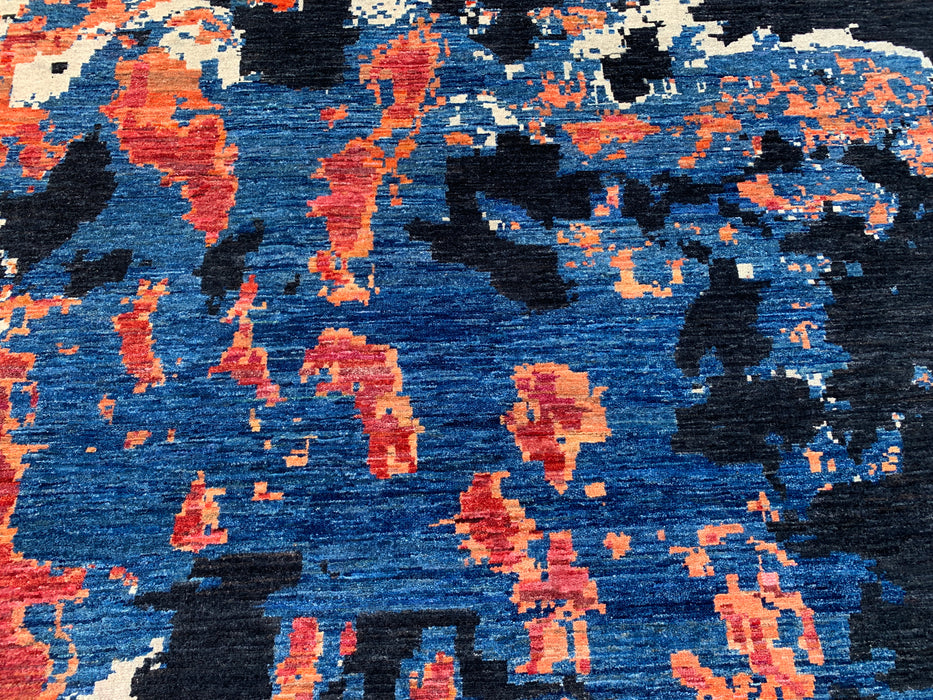 12'9 x 10'1 Hand-Knotted Peshawari Chobi Wool Rug - Modern Abstract Black Blue Rust Area Rug - KBHM-517