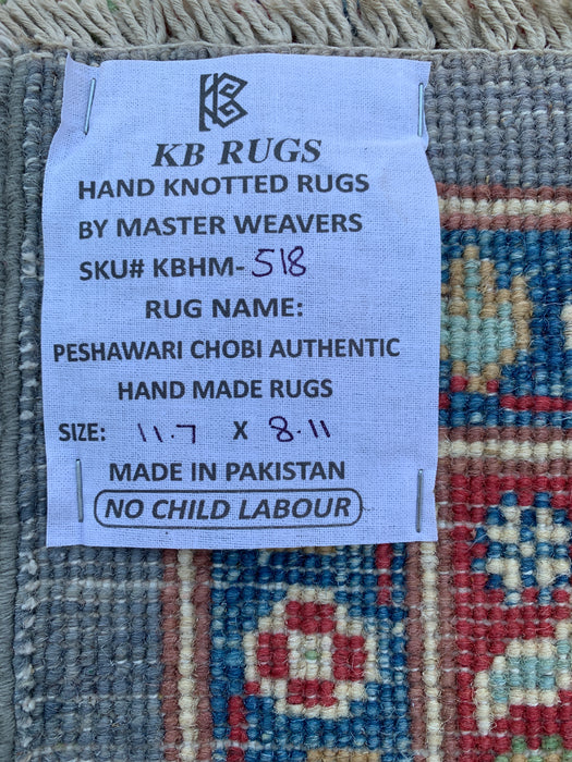 11'7 x 8'11 Hand-Knotted Peshawari Chobi Wool Rug - Gray Traditional Tribal Area Rug - KBHM-518