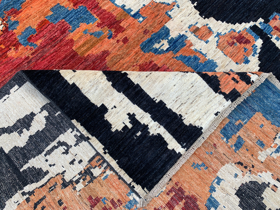 12'8 x 9'9 Hand-Knotted Peshawari Chobi Wool Rug - Modern Abstract Black Blue Rust Area Rug - KBHM-519
