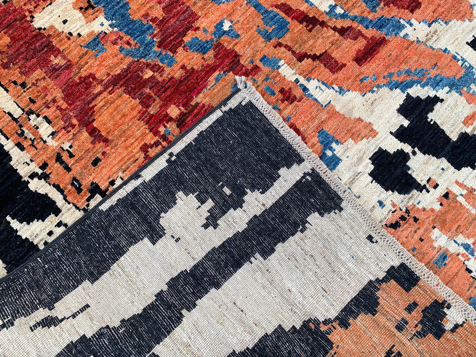 12'8 x 9'9 Hand-Knotted Peshawari Chobi Wool Rug - Modern Abstract Black Blue Rust Area Rug - KBHM-519
