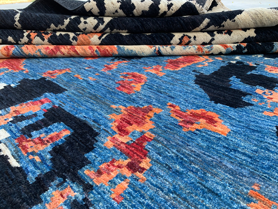 12'8 x 9'9 Hand-Knotted Peshawari Chobi Wool Rug - Modern Abstract Black Blue Rust Area Rug - KBHM-519