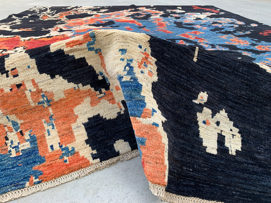 12'8 x 9'9 Hand-Knotted Peshawari Chobi Wool Rug - Modern Abstract Black Blue Rust Area Rug - KBHM-519