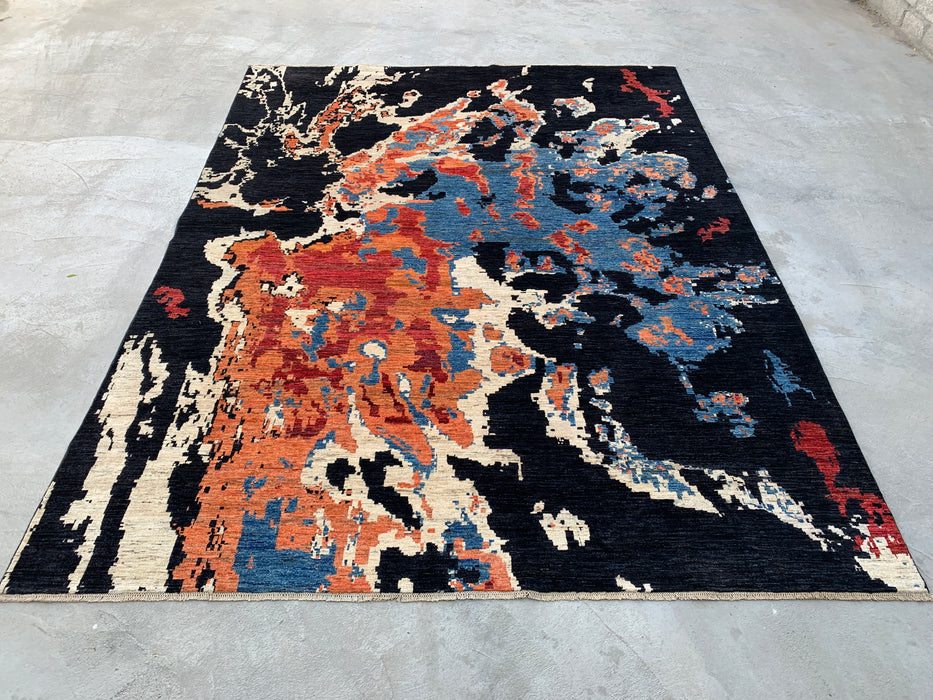12'8 x 9'9 Hand-Knotted Peshawari Chobi Wool Rug - Modern Abstract Black Blue Rust Area Rug - KBHM-519