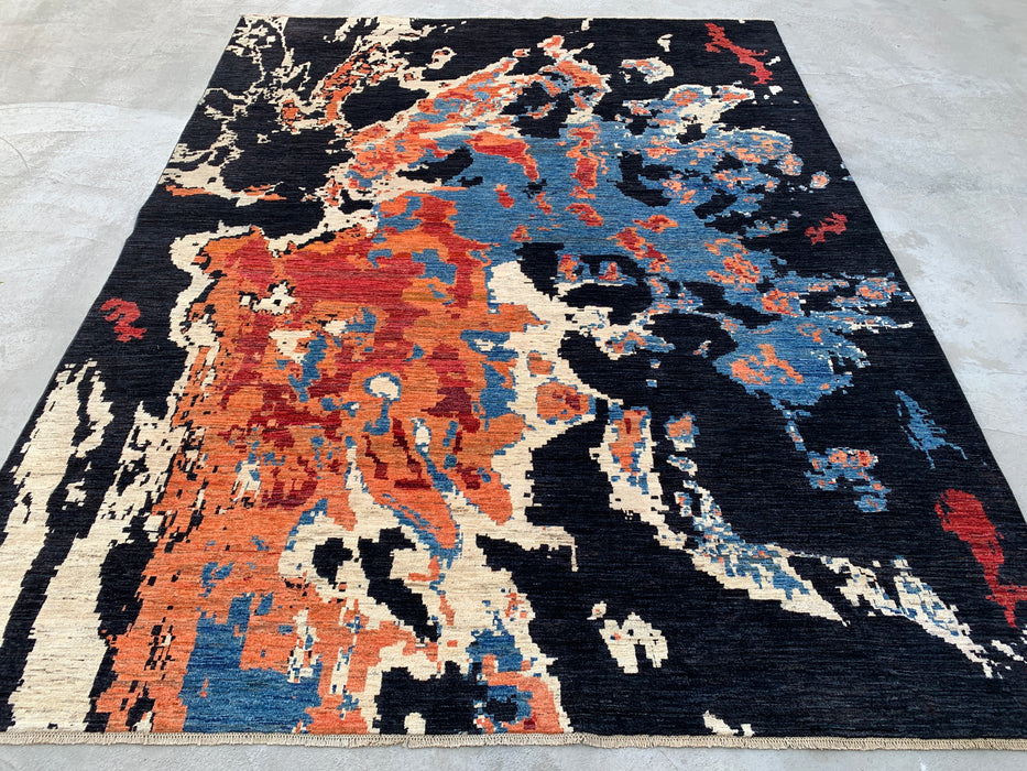 12'8 x 9'9 Hand-Knotted Peshawari Chobi Wool Rug - Modern Abstract Black Blue Rust Area Rug - KBHM-519