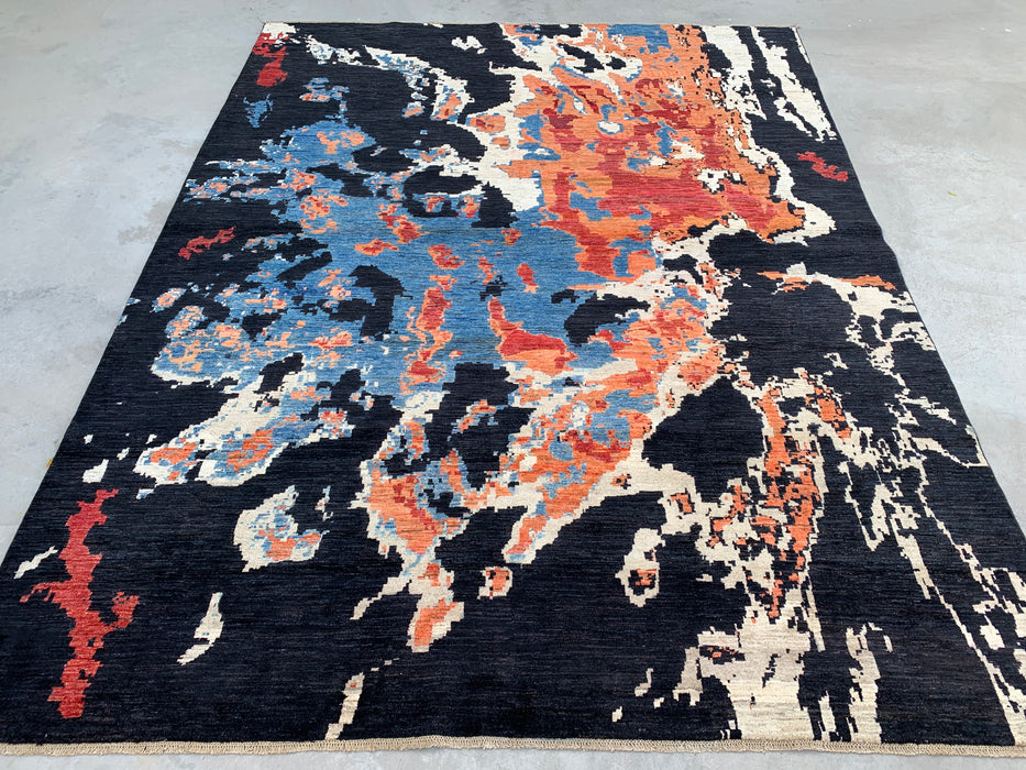 12'8 x 9'9 Hand-Knotted Peshawari Chobi Wool Rug - Modern Abstract Black Blue Rust Area Rug - KBHM-519
