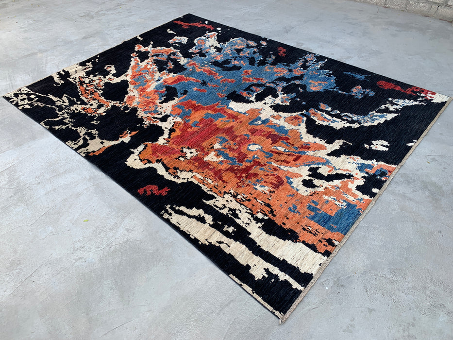 12'8 x 9'9 Hand-Knotted Peshawari Chobi Wool Rug - Modern Abstract Black Blue Rust Area Rug - KBHM-519