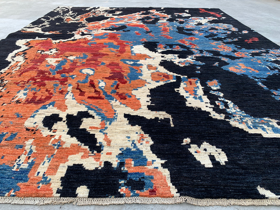 12'8 x 9'9 Hand-Knotted Peshawari Chobi Wool Rug - Modern Abstract Black Blue Rust Area Rug - KBHM-519
