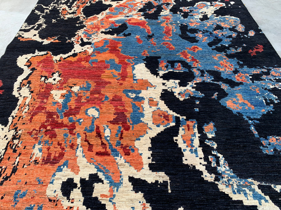 12'8 x 9'9 Hand-Knotted Peshawari Chobi Wool Rug - Modern Abstract Black Blue Rust Area Rug - KBHM-519