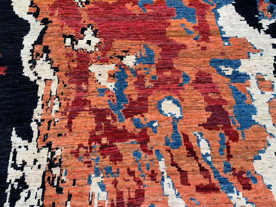 12'8 x 9'9 Hand-Knotted Peshawari Chobi Wool Rug - Modern Abstract Black Blue Rust Area Rug - KBHM-519