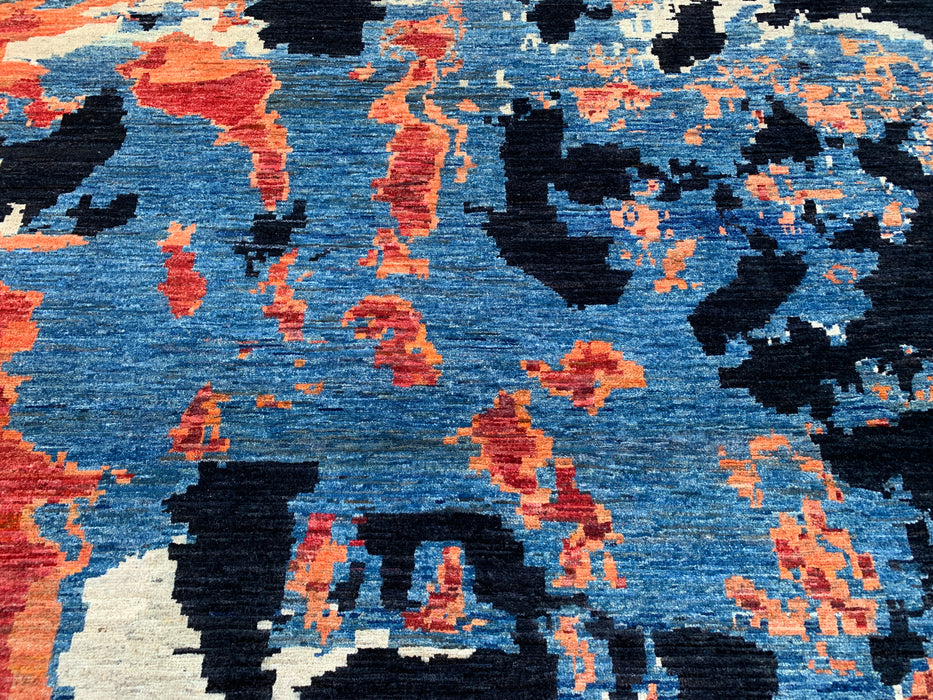 12'8 x 9'9 Hand-Knotted Peshawari Chobi Wool Rug - Modern Abstract Black Blue Rust Area Rug - KBHM-519