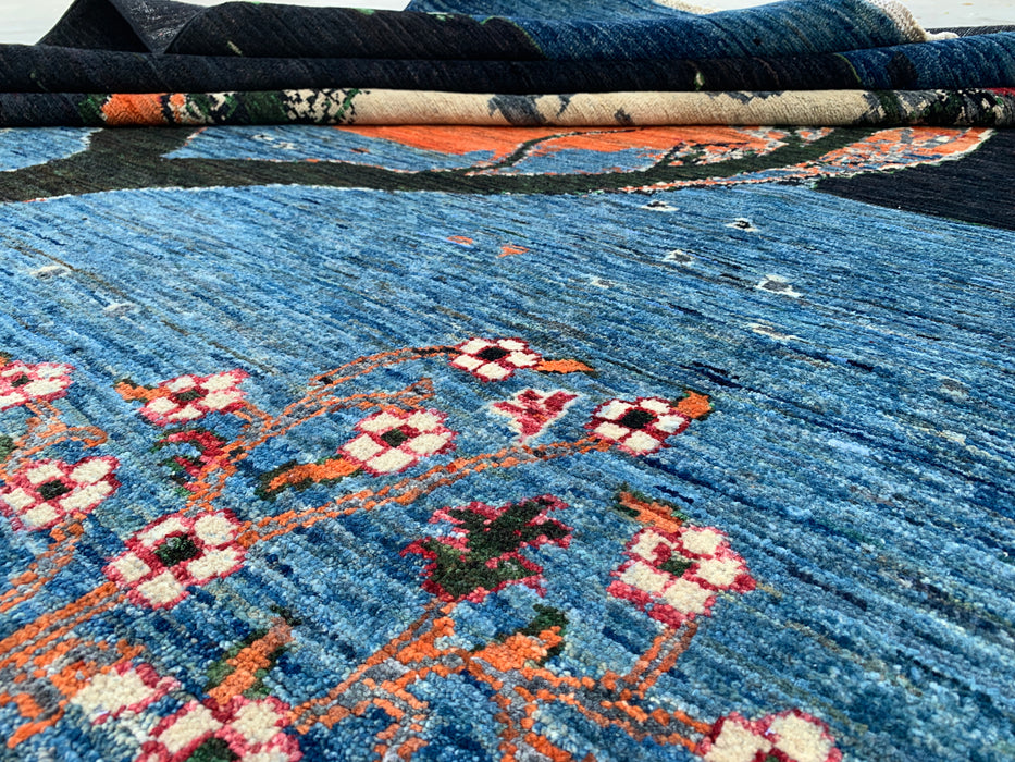 9'7 x 8'2 Hand-Knotted Peshawari Chobi Wool Rug - Blue Tree of Life Pictorial Area Rug - KBHM-520