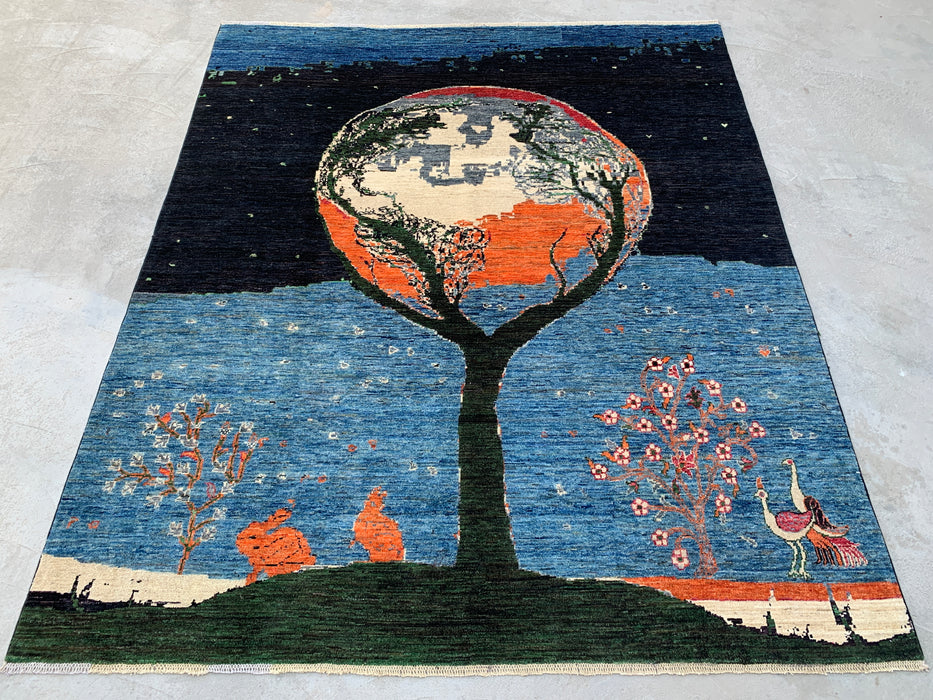 9'7 x 8'2 Hand-Knotted Peshawari Chobi Wool Rug - Blue Tree of Life Pictorial Area Rug - KBHM-520