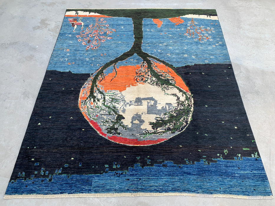 9'7 x 8'2 Hand-Knotted Peshawari Chobi Wool Rug - Blue Tree of Life Pictorial Area Rug - KBHM-520