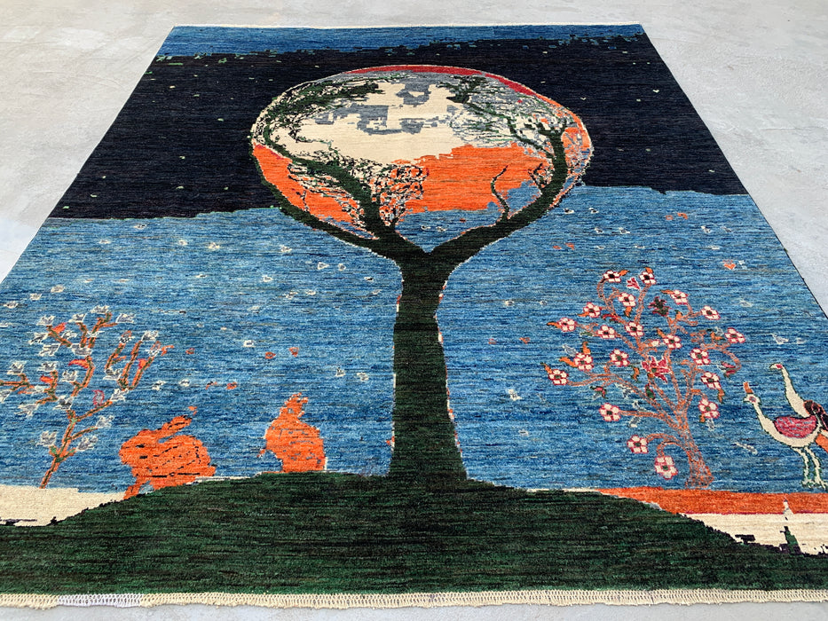 9'7 x 8'2 Hand-Knotted Peshawari Chobi Wool Rug - Blue Tree of Life Pictorial Area Rug - KBHM-520