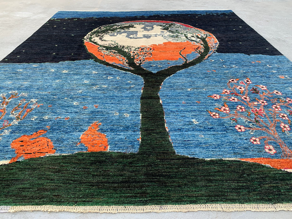 9'7 x 8'2 Hand-Knotted Peshawari Chobi Wool Rug - Blue Tree of Life Pictorial Area Rug - KBHM-520