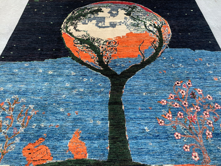 9'7 x 8'2 Hand-Knotted Peshawari Chobi Wool Rug - Blue Tree of Life Pictorial Area Rug - KBHM-520