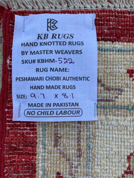 9'7 x 8'1 Hand-Knotted Peshawari Chobi Wool Rug - Red Traditional Floral Area Rug - KBHM-522