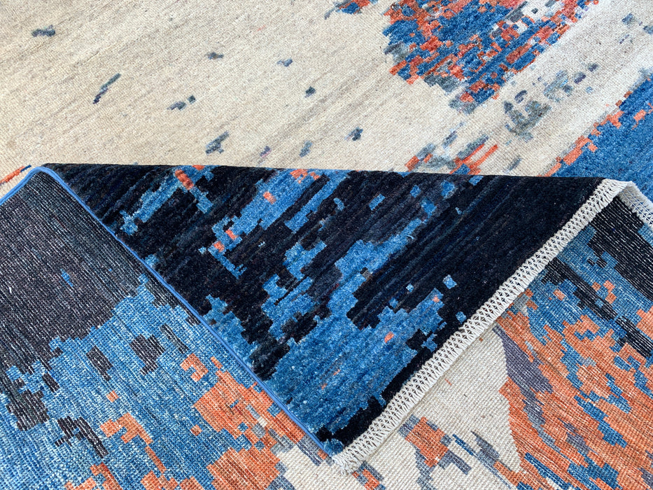 9'7 x 7'10 Hand-Knotted Peshawari Chobi Wool Rug - Modern Abstract Blue Ivory Rust Area Rug - KBHM-523