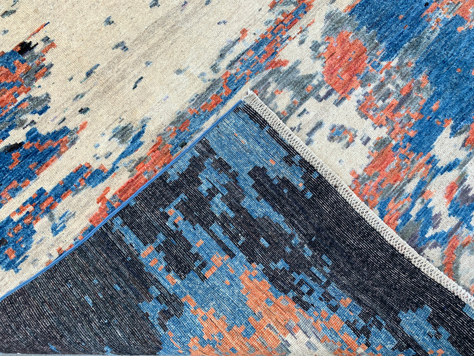 9'7 x 7'10 Hand-Knotted Peshawari Chobi Wool Rug - Modern Abstract Blue Ivory Rust Area Rug - KBHM-523