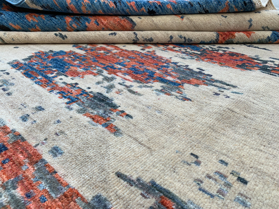 9'7 x 7'10 Hand-Knotted Peshawari Chobi Wool Rug - Modern Abstract Blue Ivory Rust Area Rug - KBHM-523