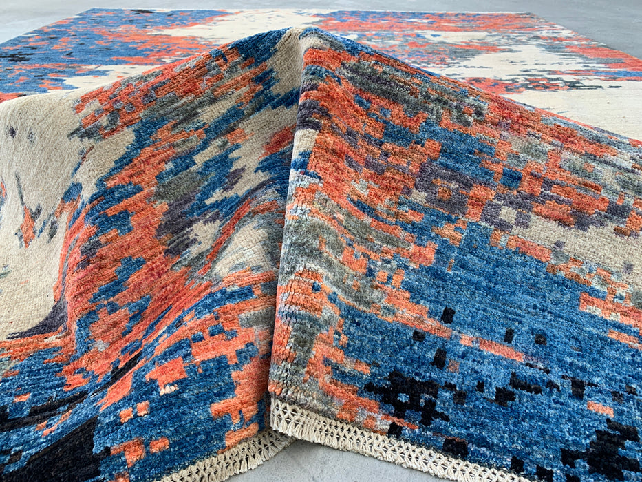 9'7 x 7'10 Hand-Knotted Peshawari Chobi Wool Rug - Modern Abstract Blue Ivory Rust Area Rug - KBHM-523