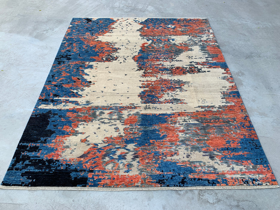 9'7 x 7'10 Hand-Knotted Peshawari Chobi Wool Rug - Modern Abstract Blue Ivory Rust Area Rug - KBHM-523