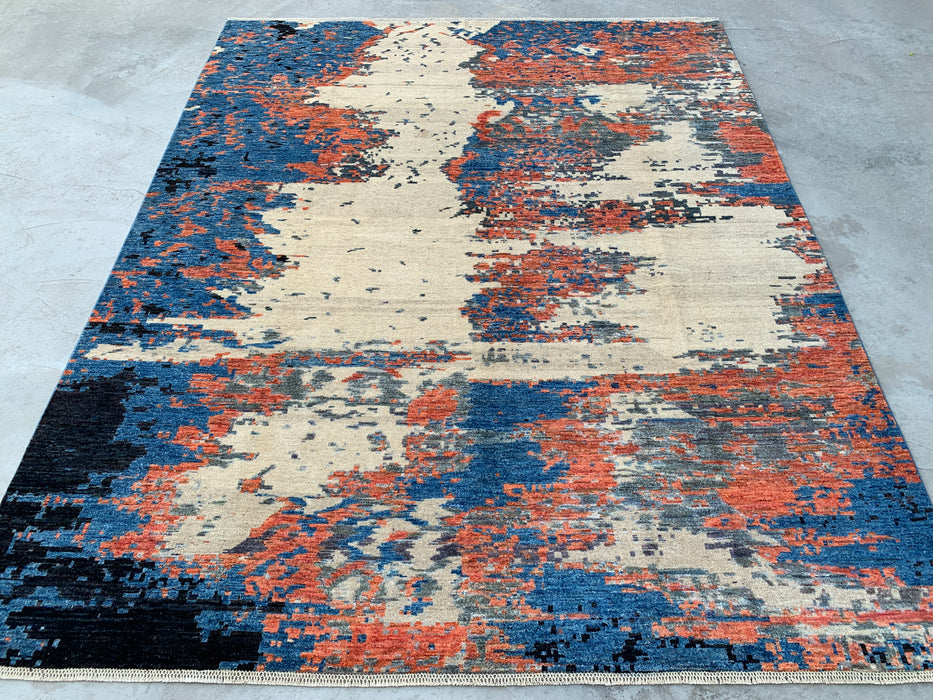 9'7 x 7'10 Hand-Knotted Peshawari Chobi Wool Rug - Modern Abstract Blue Ivory Rust Area Rug - KBHM-523