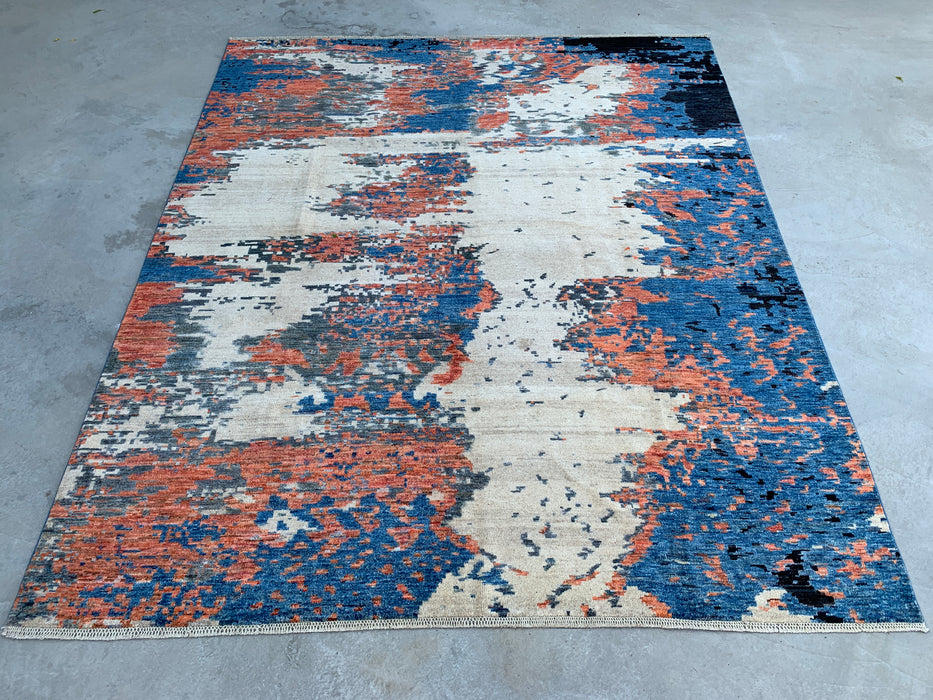 9'7 x 7'10 Hand-Knotted Peshawari Chobi Wool Rug - Modern Abstract Blue Ivory Rust Area Rug - KBHM-523