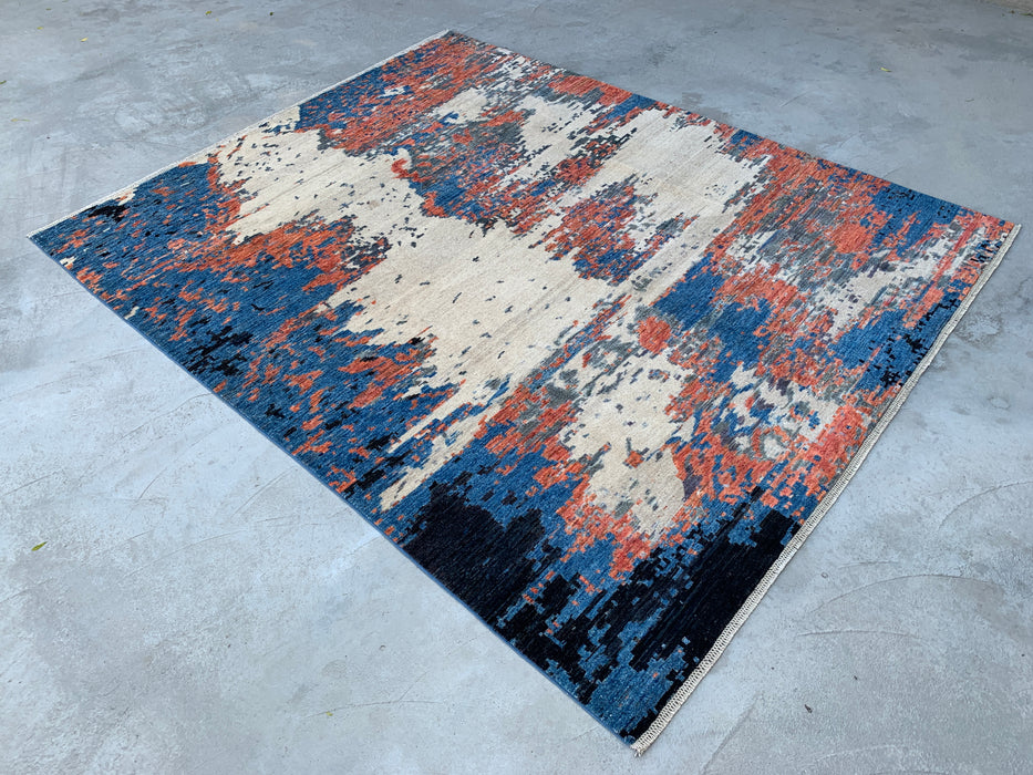 9'7 x 7'10 Hand-Knotted Peshawari Chobi Wool Rug - Modern Abstract Blue Ivory Rust Area Rug - KBHM-523