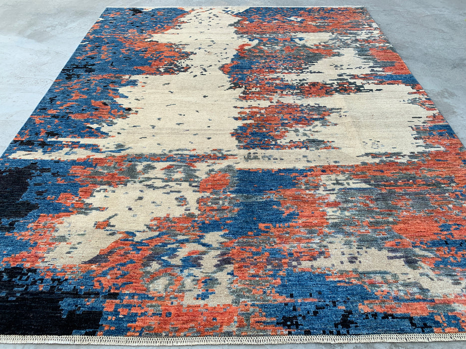 9'7 x 7'10 Hand-Knotted Peshawari Chobi Wool Rug - Modern Abstract Blue Ivory Rust Area Rug - KBHM-523