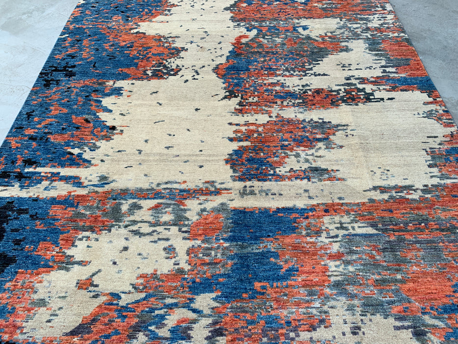 9'7 x 7'10 Hand-Knotted Peshawari Chobi Wool Rug - Modern Abstract Blue Ivory Rust Area Rug - KBHM-523