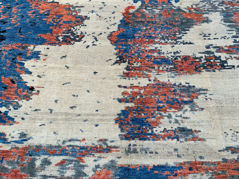 9'7 x 7'10 Hand-Knotted Peshawari Chobi Wool Rug - Modern Abstract Blue Ivory Rust Area Rug - KBHM-523