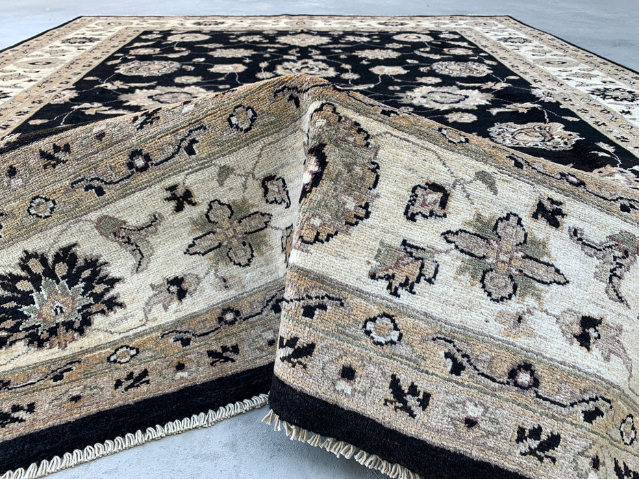 9'9 x 8'1 Hand-Knotted Peshawari Chobi Wool Rug - Black Traditional Floral Area Rug - KBHM-525