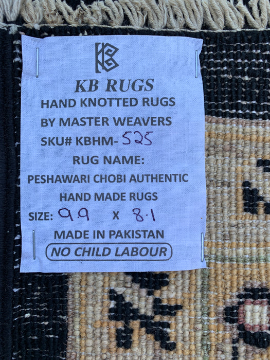 9'9 x 8'1 Hand-Knotted Peshawari Chobi Wool Rug - Black Traditional Floral Area Rug - KBHM-525