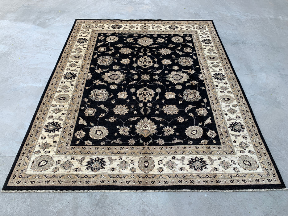 9'9 x 8'1 Hand-Knotted Peshawari Chobi Wool Rug - Black Traditional Floral Area Rug - KBHM-525