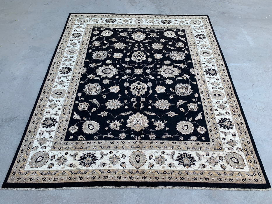 9'9 x 8'1 Hand-Knotted Peshawari Chobi Wool Rug - Black Traditional Floral Area Rug - KBHM-525