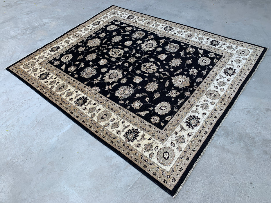 9'9 x 8'1 Hand-Knotted Peshawari Chobi Wool Rug - Black Traditional Floral Area Rug - KBHM-525