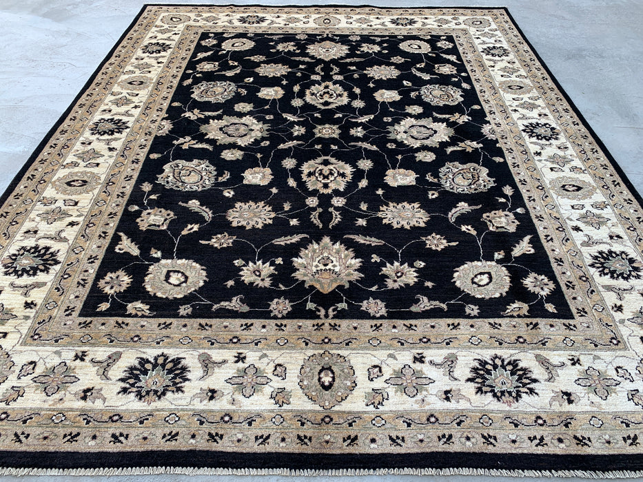 9'9 x 8'1 Hand-Knotted Peshawari Chobi Wool Rug - Black Traditional Floral Area Rug - KBHM-525