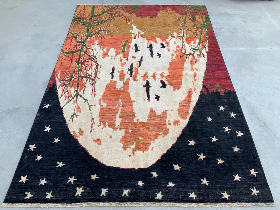 9'7 x 6'5 Hand-Knotted Peshawari Chobi Wool Rug - Modern Pictorial Moon Landscape Area Rug - KBHM-526