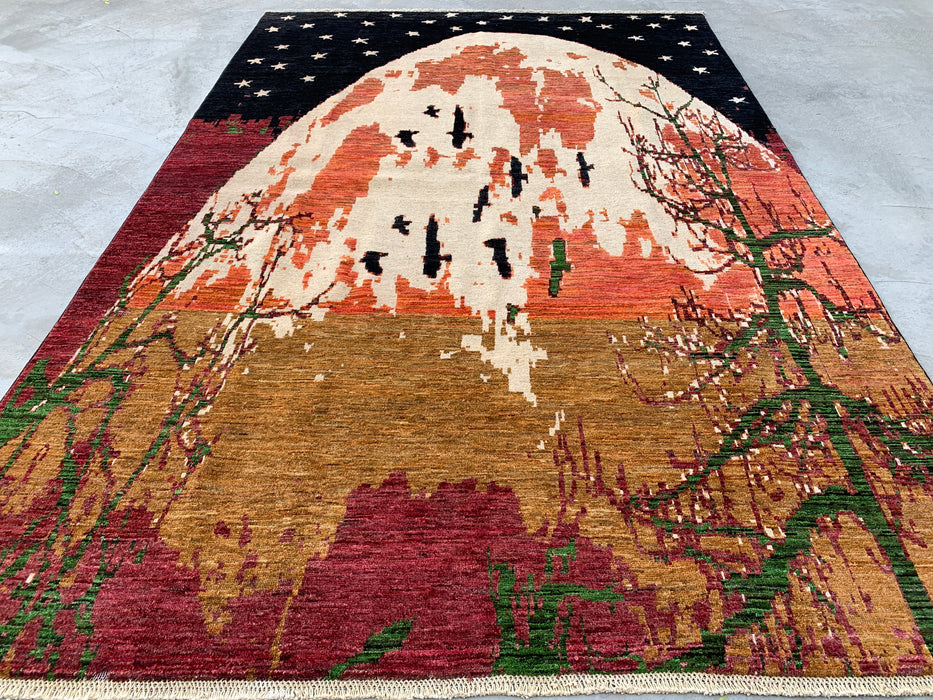 9'7 x 6'5 Hand-Knotted Peshawari Chobi Wool Rug - Modern Pictorial Moon Landscape Area Rug - KBHM-526