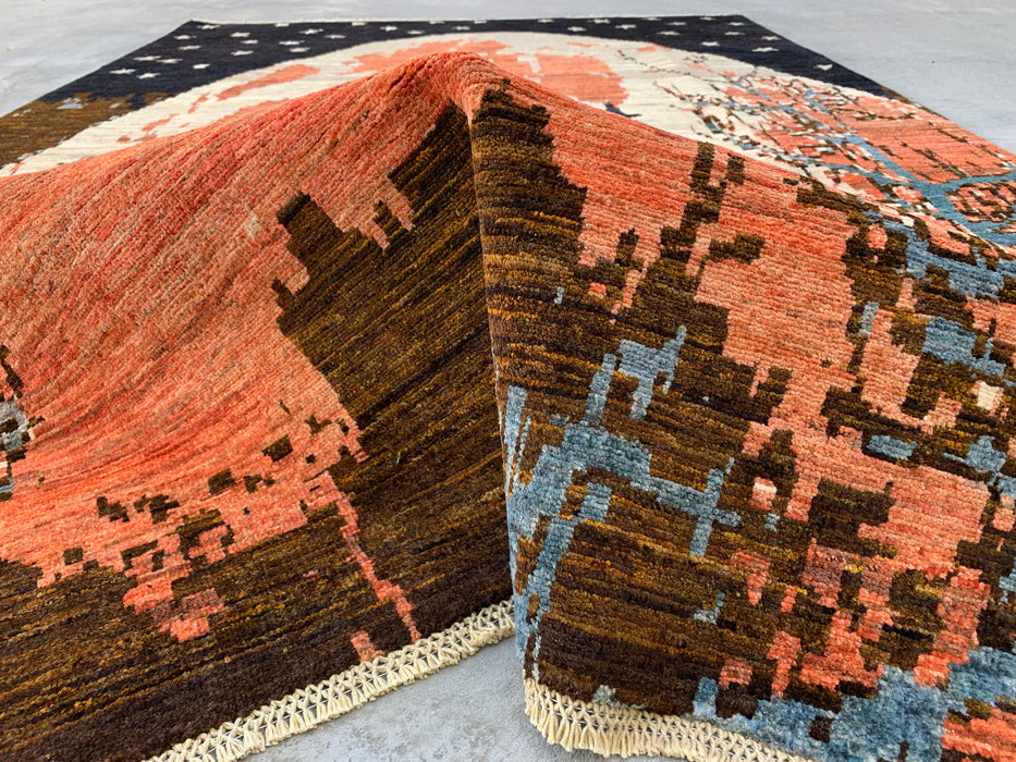 9'10 x 6'5 Hand-Knotted Peshawari Chobi Wool Rug - Modern Pictorial Moon Landscape Area Rug - KBHM-527