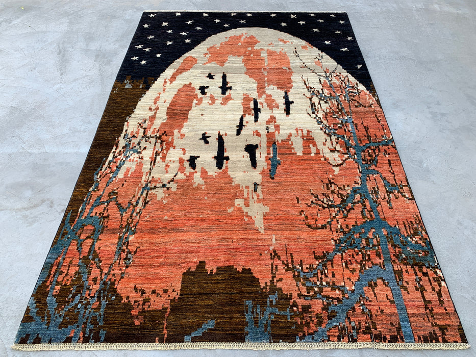 9'10 x 6'5 Hand-Knotted Peshawari Chobi Wool Rug - Modern Pictorial Moon Landscape Area Rug - KBHM-527