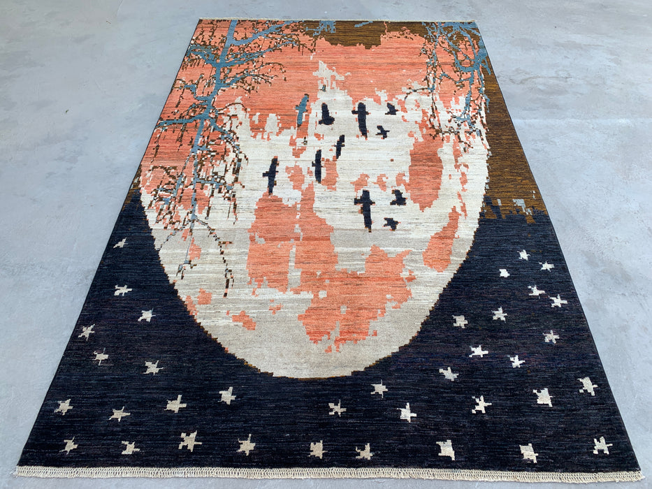 9'10 x 6'5 Hand-Knotted Peshawari Chobi Wool Rug - Modern Pictorial Moon Landscape Area Rug - KBHM-527