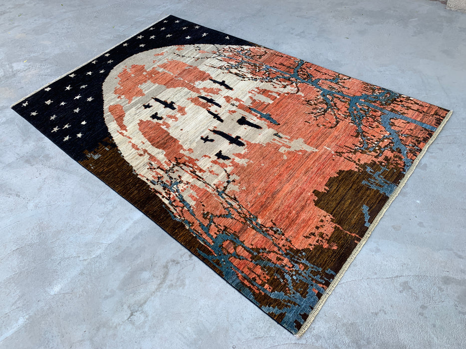 9'10 x 6'5 Hand-Knotted Peshawari Chobi Wool Rug - Modern Pictorial Moon Landscape Area Rug - KBHM-527